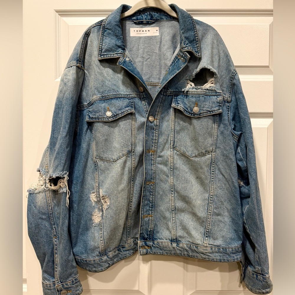 Topman Blue Distressed Denim Jacket